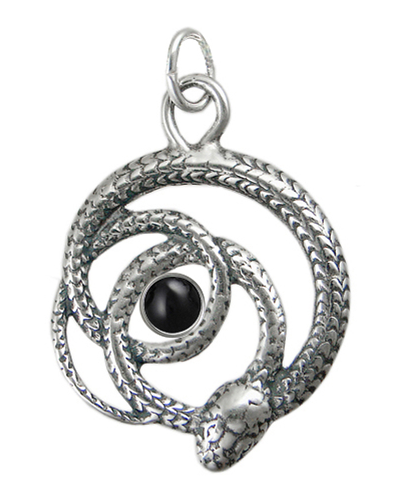Sterling Silver Coiled Serpent Pendant With Black Onyx